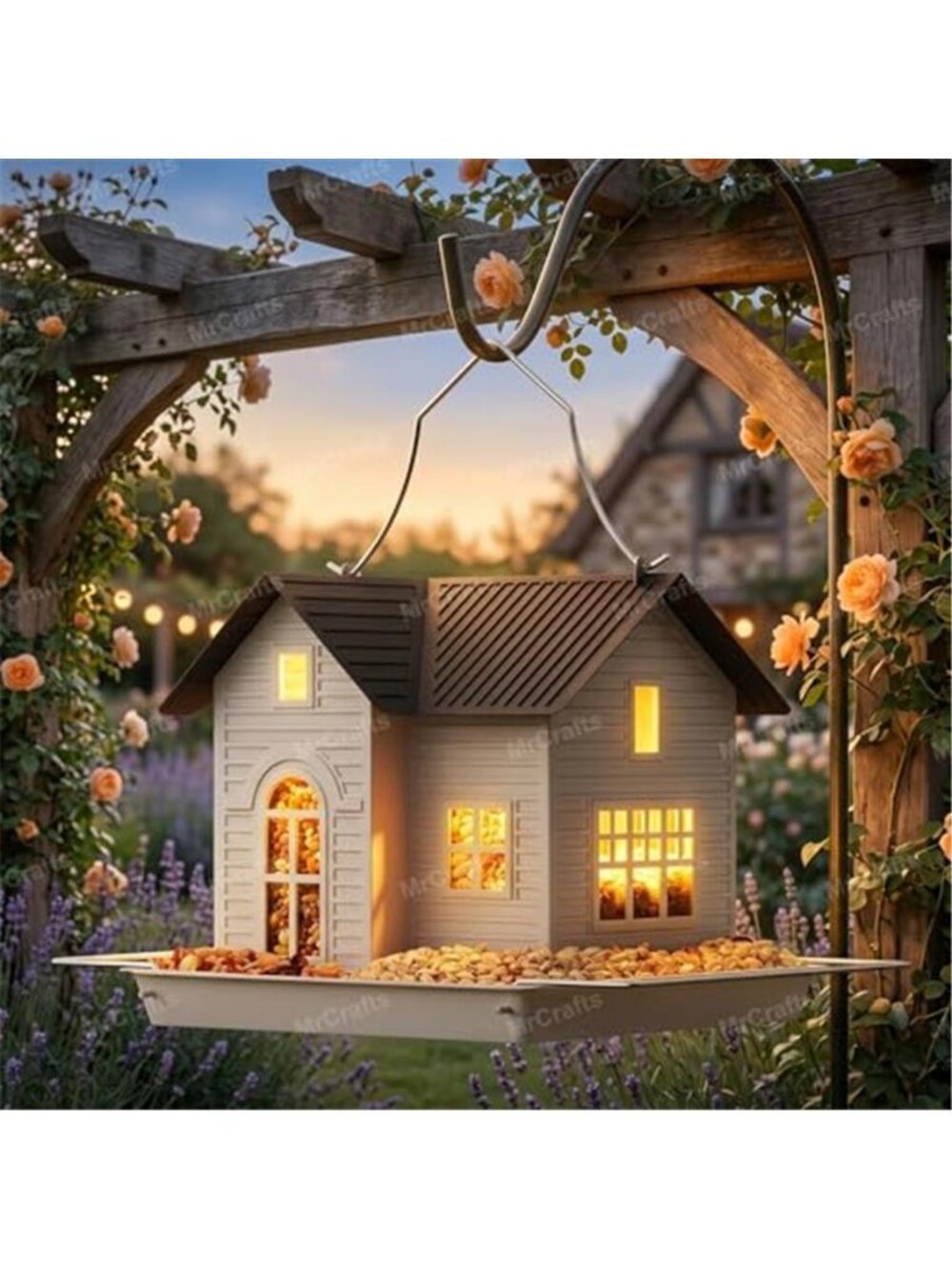 Solar Bird Feeder - Hanging Metal Bird House Feeder with Solar Lights, Outdoor